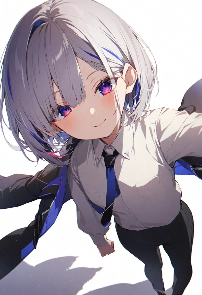 (muste piece), (best quality), very detailed eyes, expressive eyes, perfect face, very detailed face, highly detailed face, beautiful girl, 8K, beautiful girl, white background, delicate and beautiful face and eyes, dark intense shadow, 
1 girl, vtuber style, cool girl, ho****ve, amane kanata, streaked hair, short hair, Long-sleeved jacket, matching trousers, long-sleeved shirt, tie, small chest, sunglasses, one eye close winking, smile, (full body), standing,