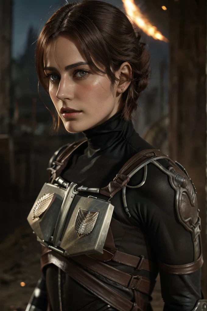 Women from Edwardian age,make hair brown, eyes color Havel Skin pale 
, Survey Corps bodysuit ,1926 years,dark night,liberio background attack on titan 