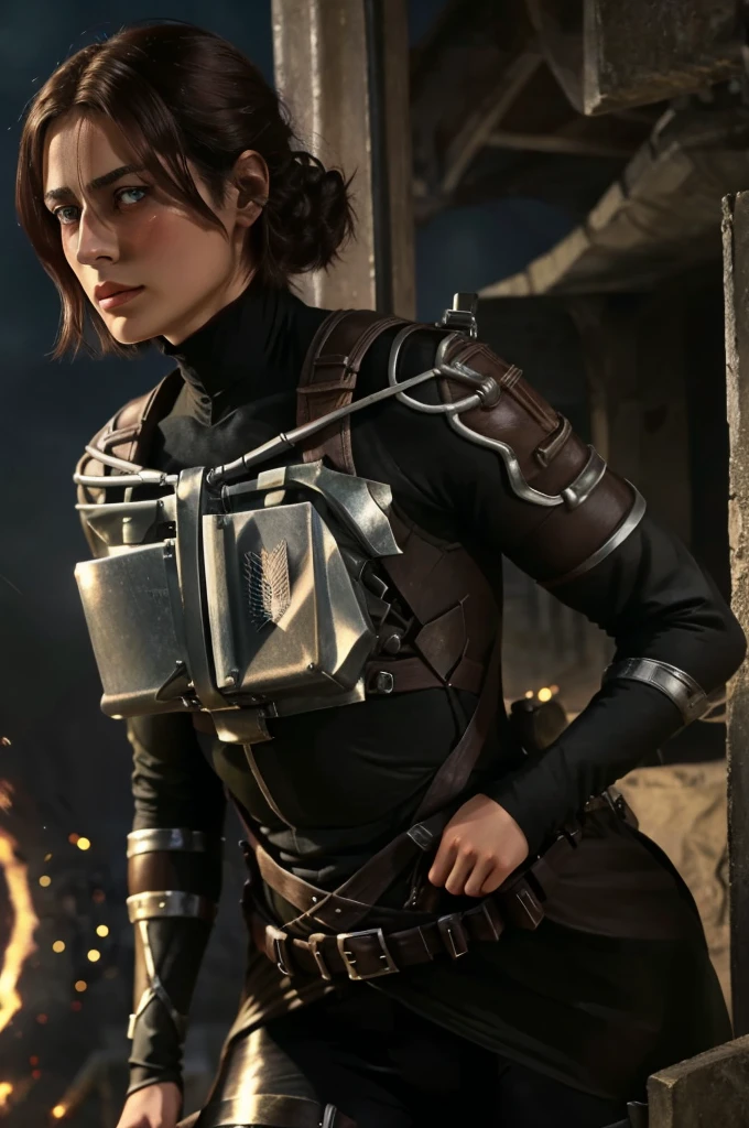 Women from Edwardian age,make hair brown, eyes color Havel Skin pale 
, Survey Corps bodysuit ,1926 years,dark night,liberio background attack on titan 