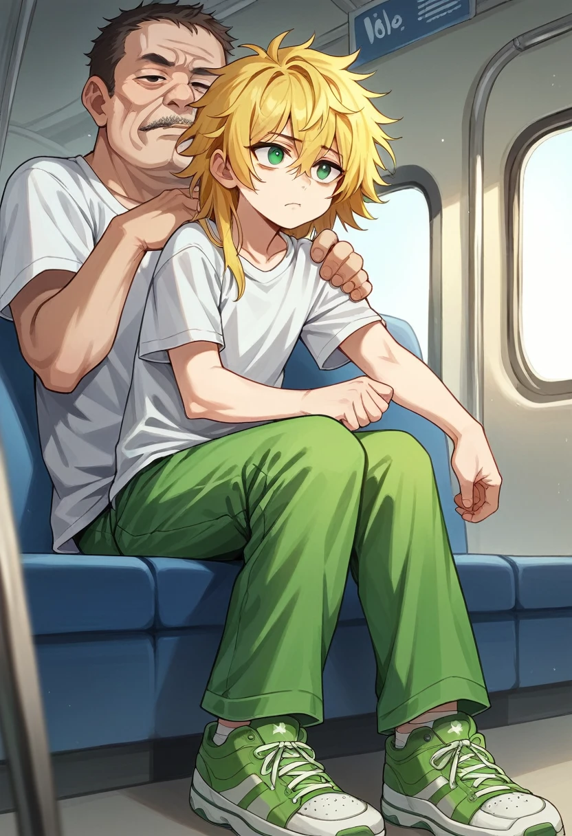 a 25 year old man, young face, medium long hair that reaches shoulder length, Yellow hair, messy hair, emerald green eyes, pointed chin, somewhat dirty white t-shirt, green sports pants, sneakers, messy style, Sitting in a train seat, tired and discouraged,