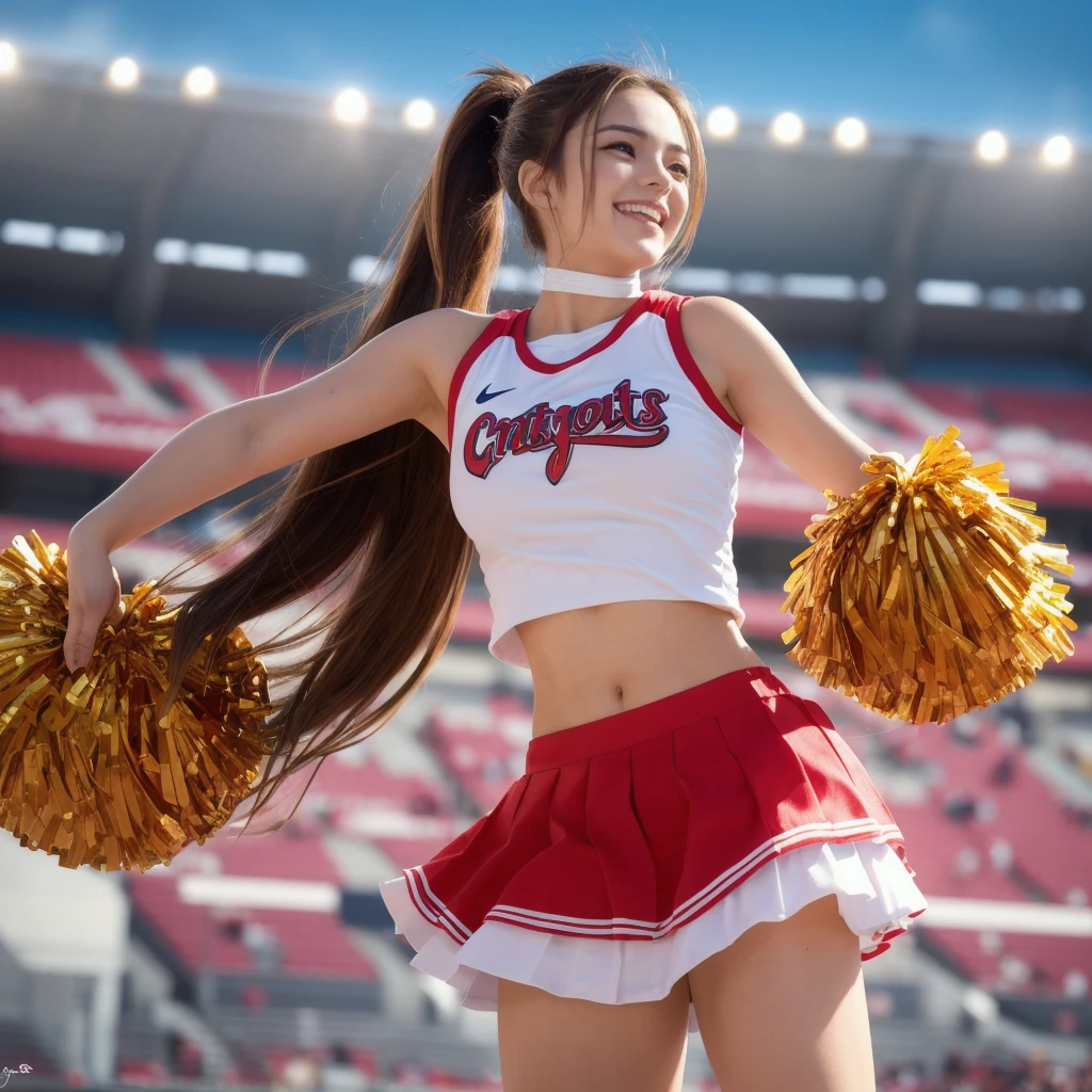 Photorealistic, young face, cheerleader doing a standing split, classic shiny tan pantyhose, shiny pantyhose crotch, cheerleader uniform, 20 yrs old, (((vagina is visible through her brown sheer gloss pantyhose covered crotch))), cute bubble butt in pantyhose out to the side, one leg is straight up hyper extended, holding leg up with one arm, hand grabbing ankle of leg that is up, other hand holding large Pom Pom, girl face is beautiful and looking right at the camera, photorealistic, vagina visible through shiny realistic tan brown pantyhose, sport stadium in background, cute pantyhose feet, sport stadium, UHD, photorealistic