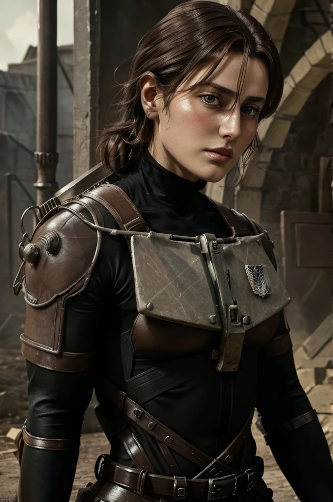 Women from Edwardian age,make hair brown, eyes color Havel Skin pale 
, Survey Corps bodysuit ,1926 years,dark night,liberio background attack on titan 