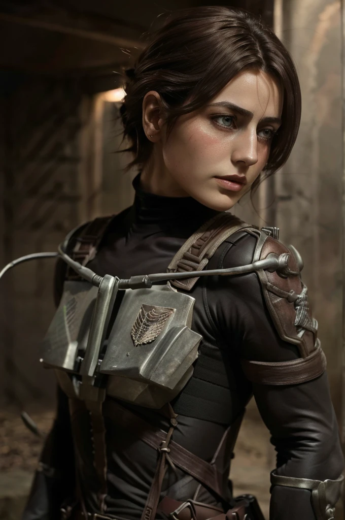 Women from Edwardian age,make hair brown, eyes color Havel Skin pale 
, Survey Corps bodysuit ,1926 years,dark night,liberio background attack on titan 