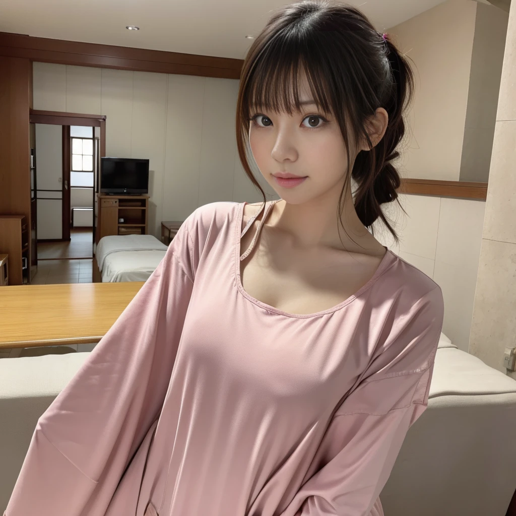 Hospital room, nurse, ((full body)), ((photo)), ((best qualtiy, 8K, tmasterpiece: 1.3)), Focus: 1.2, perfect figure beautiful girl: 1.4, 1girl, cowboy shot, look at viewer, eyes facing the camera, incredibly absurd, beautiful and cute girl with a photorealistic face, showcasing top-quality craftsmanship, Japanese woman taking care of patients in a hospital room, 23 years old, long hair parted in the middle, long layered bangs, silky hair quality, thick and voluminous style, beautiful features, amber eyes, long eyelashes, thin eyebrows, beautiful bridge of the nose, small nose, plump and elegant pink lips, fair skin, high cheekbones, cute smile, clean jawline, beautiful nape, long neck, 163cm height, long limbs, delicate, slender, well-balanced proportions, beautiful C-cup breasts, pink blouse and pink pants nurse uniform, nurse shoes, gold ring and necklace, beautiful, neat, refined, elegant, soothing, pretty older sister, long legs, kind, strong-willed, passionate, proactive, hardworking, gains the trust of those around her, October
