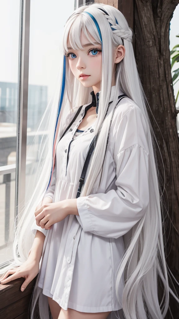 Fujiwara no Mokou(from desire) In the bamboo forest. she is big . she has white hair, conjunctivitis. She wore a white shirt., sit, nighttime, moon, hair ribbon, stare