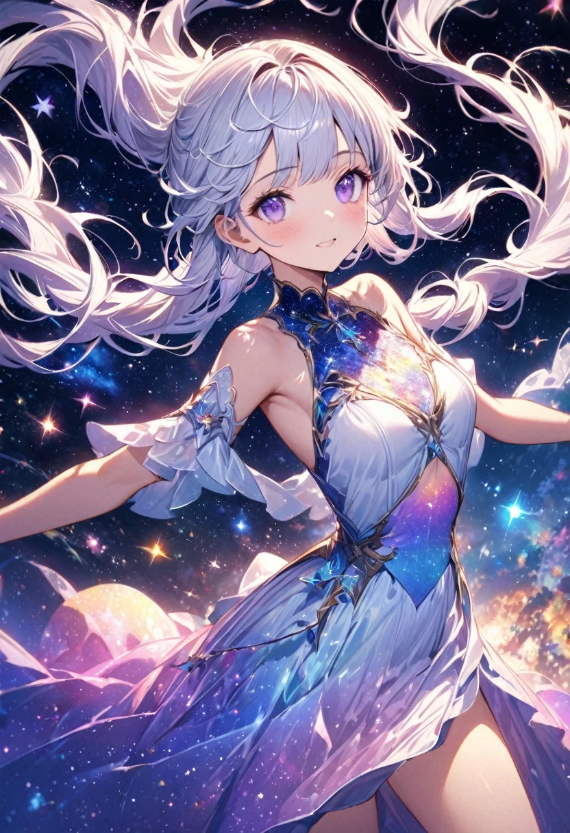 High Detail, Very detailed, Ultra-high resolution, Purple Eyes，White hair，A girl having a good time in a fantasy galaxy, Surrounded by stars, The warm light shines on her, Background is starry sky，There are colorful galaxies and galaxy clouds, The stars fly around her, Delicate face, Add playfulness , 