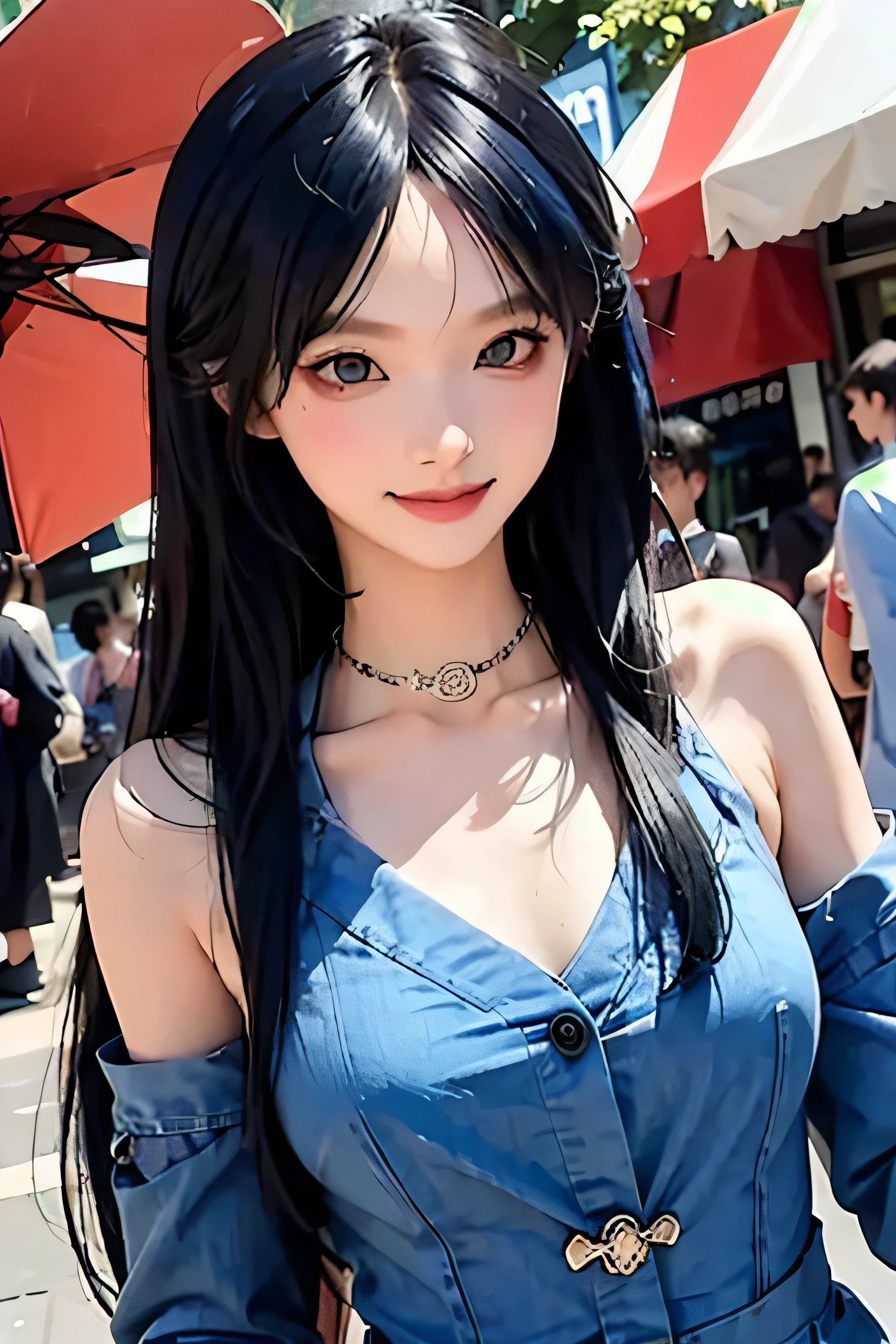 (((best quality))),(((Super detailed))),(((masterpiece))),(actual:1.2),cosmetics,(blue hair:1.4),15-year-old junior high school sophomore girl,illustration,(Yongxin flash cosplay:1.3),in colorful、Posing in front of dynamic background. She has a confident expression,The overall style should be modern、Trendy,(Smile:1.4),wallpaper,crowd,Fashion,Lipstick,Ray tracing,(Depth of Field:1.3),(street:1.2),Public;in public,black eyes,alone,looking at the audience,shiny skin,Contrasting,necklace,Women&#39;s Focus,Model,street,Public;in public,Fine fabric accents,1 girl,Lips,The background is Ximending, Taiwan，((((((Real and exquisite ultra-high quality 8K resolution))))))