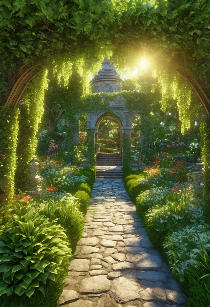 a beautiful lush garden, stone pathways, highly detailed, photorealistic, 4k, vibrant colors, natural lighting, hyperrealistic, landscape, intricate foliage, verdant greenery, ornate architecture, ornamental details, sunlight filtering through trees, dappled shadows, immersive depth of field, serene atmosphere, breathtaking scenery, masterpiece, best quality