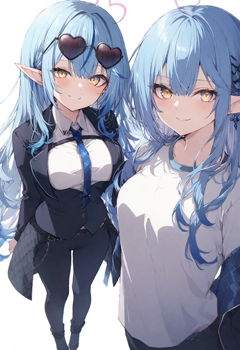 (muste piece), (best quality), very detailed eyes, expressive eyes, perfect face, very detailed face, highly detailed face, beautiful girl, 8K, beautiful girl, white background, delicate and beautiful face and eyes, dark intense shadow, 
1 girl, vtuber style, cool girl, hololive, Yukihana Lamy, Elf ears, blue hair, heart ahoge, Long-sleeved jacket, matching trousers, long-sleeved shirt, tie, big chest, sunglasses, one eye close winking, smile, (full body), standing,