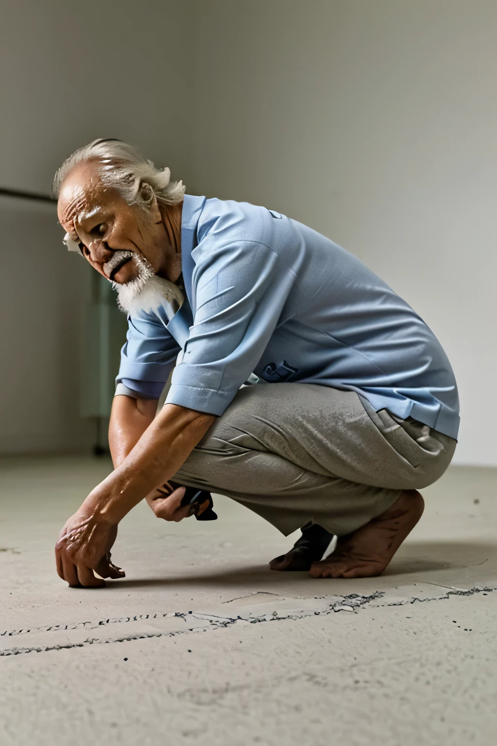 An old man crouching down to look for a contact lens that fell on the floor、From the side、whole body