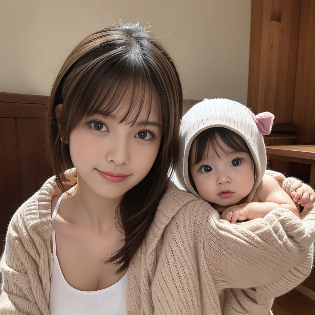 She's a babysitter ,masterpiece, 4K, Bokeh, (Cute:1.5), ( beautiful girl:1.3), ( Japanese idol :1.6), ( rabbit ear :1.3) , ( Cute Dress :1.3), ( I love babies :1.6),  blushed,  cowboy shot , ( hold a cute sleeping baby :1.5), (smile:1.3), (The background is the living room  :1.4),
