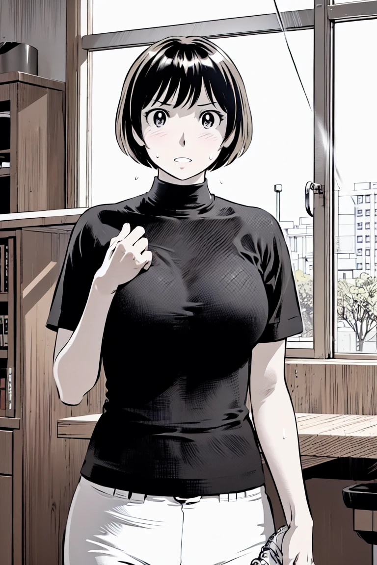 、(masterpiece、Highest quality)、Highest quality, Ultra-high resolution, (((masterpiece))), alone, Sweat、Big eyes,Tight black shirt、Tight white pants、belt、indoor、Composition from the front、(後ろCut your hair short、short hair、blonde、woman)、Shortcuts、Embarrassed face、Cut your hair short、可愛いwomanの子、Big Breasts、office