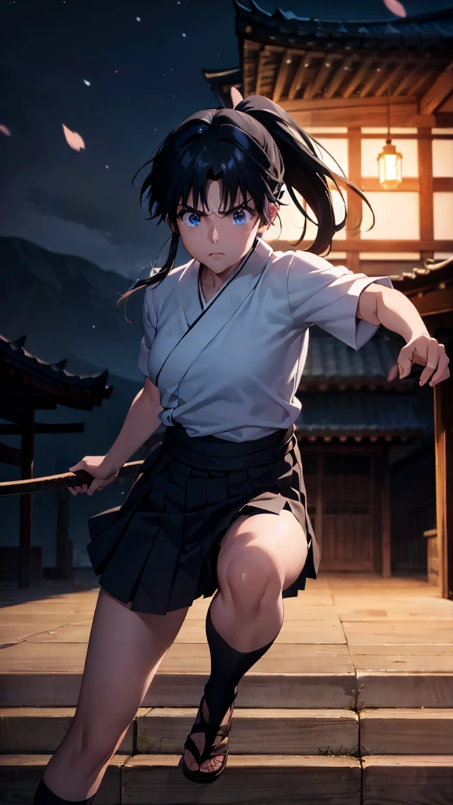 score_9, score_8_Excellent, score_7_Excellent, score_6_Excellent,
No fixes,
One Girl, Kaoru Kamiya, blue eyes, Black Hair, Medium Chest, 
kimono, ponytail, brown in the same way, skirt, in the same way, in the same way skirt,
holding wooden sword、Staring at the audience, alone,
Outdoor, moon, night, night sky, Mountain,  cherry blossoms, 
Mountain道, rocky Mountains, Temple, 
look Excellent,anger, 
Are standing, whole body,  Combat Stance, 
(From below:1.1),  (Dutch Angle:1.2),
masterpiece, Highest quality,