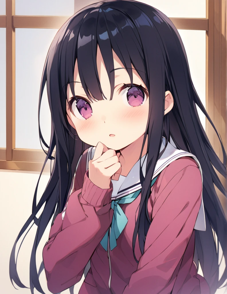 Crouching、、I can see her panties、Blushing、Feeling embarrassed、Black Hair、Semi-long hair、