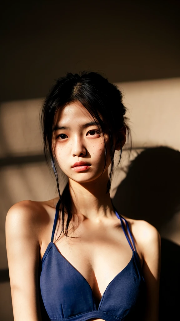 {top-quality}, {{​masterpiece}}, {extremely delicate and beautiful},Outstanding light and shadow, highly detailed,Clear and bright sunlight,1girl in,naked portrait 、gaze looking beyond,red blush,Strong sunshine,delicate and messy hair,realistic skin textures, Pronounced pores and skin wrinkles,tropical beach,((strong light shines on the face)), half body shot, naked portrait, nude photography, detailed armpit, pussy pubic hair, shiny nipple 