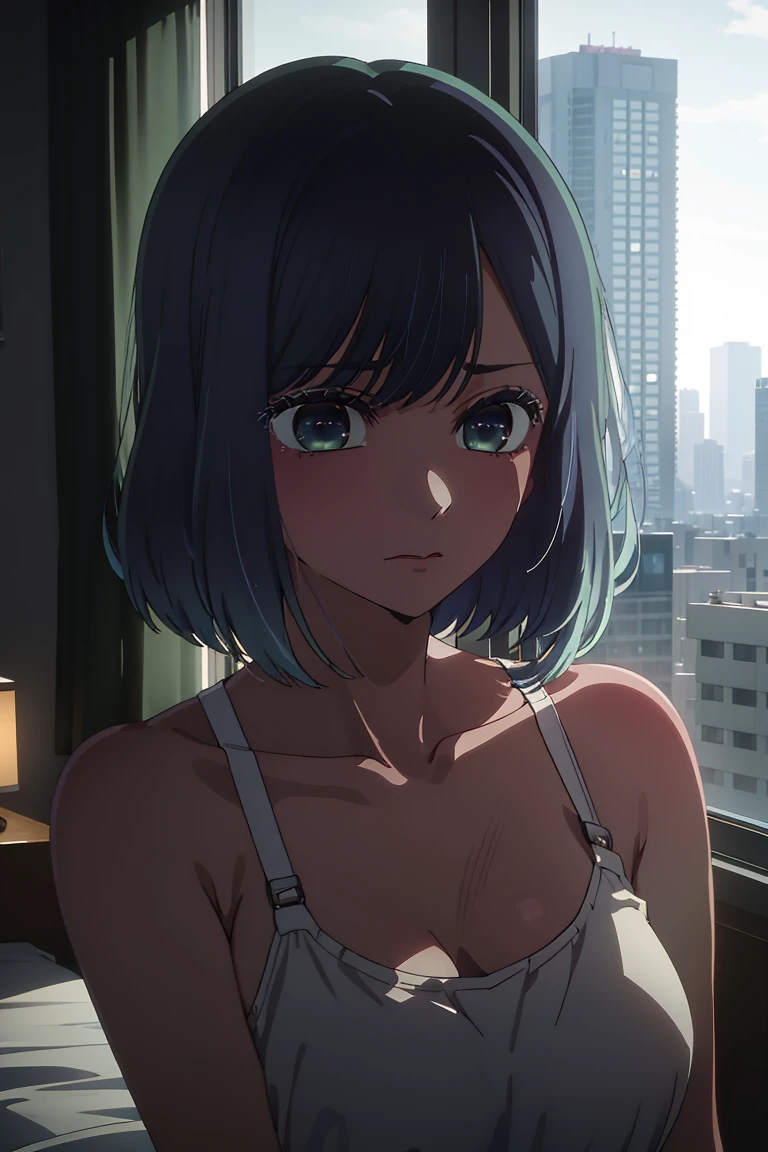 akane kurokawa,naked,rock,Blue Hair,naked,hot,sexy,beautiful,Perfect body,One Girl,big ,masterpiece,Perfect Face,Expressive Face,naked,night、Lying on a bed by the window in a high-rise building,Atmospheric lighting、Sad face