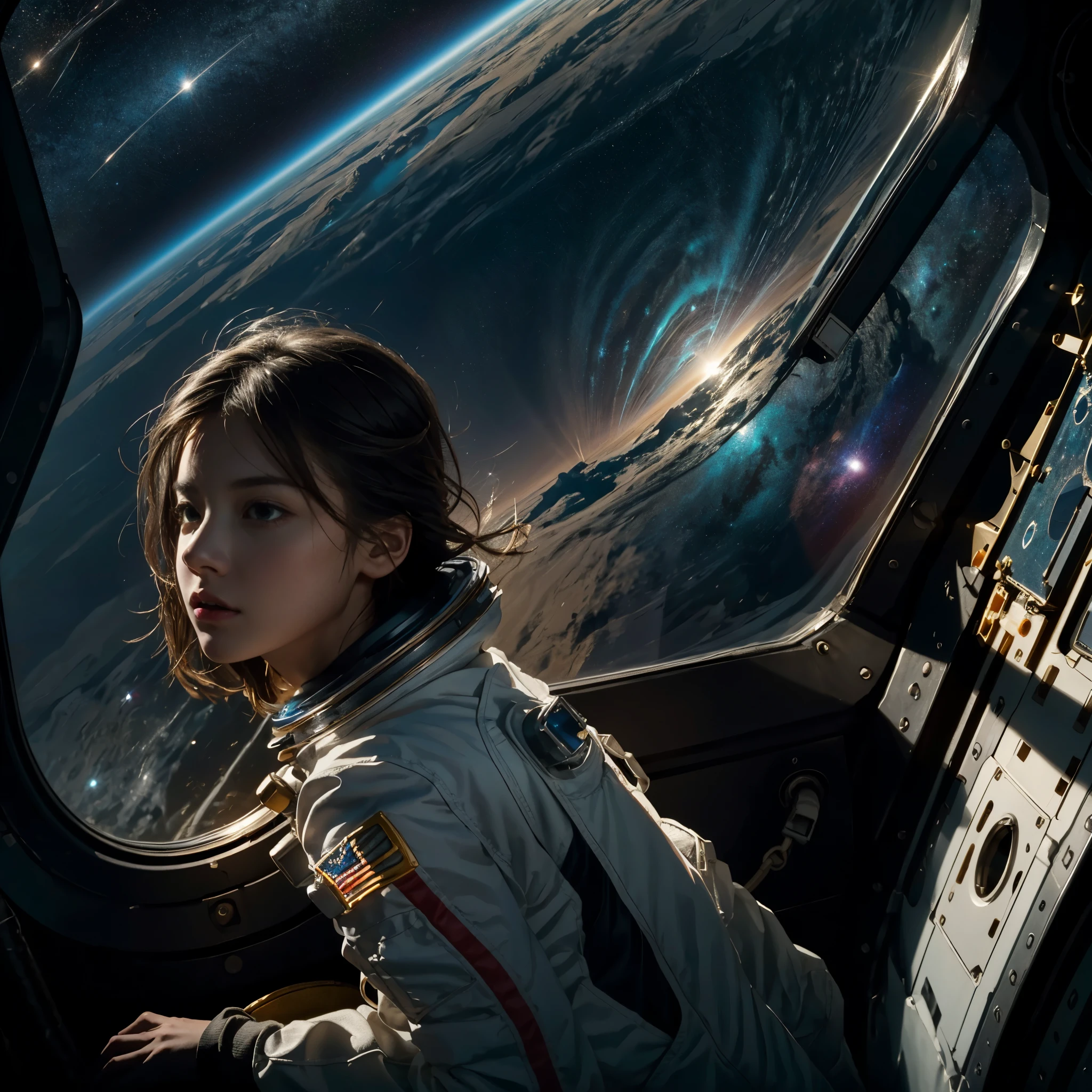 masterpiece,Highest quality,8K,High resolution,Finely detailed, Fantasy,dream-like,Photorealistic,Actual photo, Award-winning,Browsing Caution, dramatic,Dynamic configuration, Cool tones,mysterious,Anxious,nervous, Cinema lighting,Studio Lighting,Depth of written boundary, Physically Based Rendering, Thin Outline BREAK SF,Deep Universe,Interstellar, One astronaut,((Extravehicular operations)),The stars are reflected on the visor,((Space Colony)),