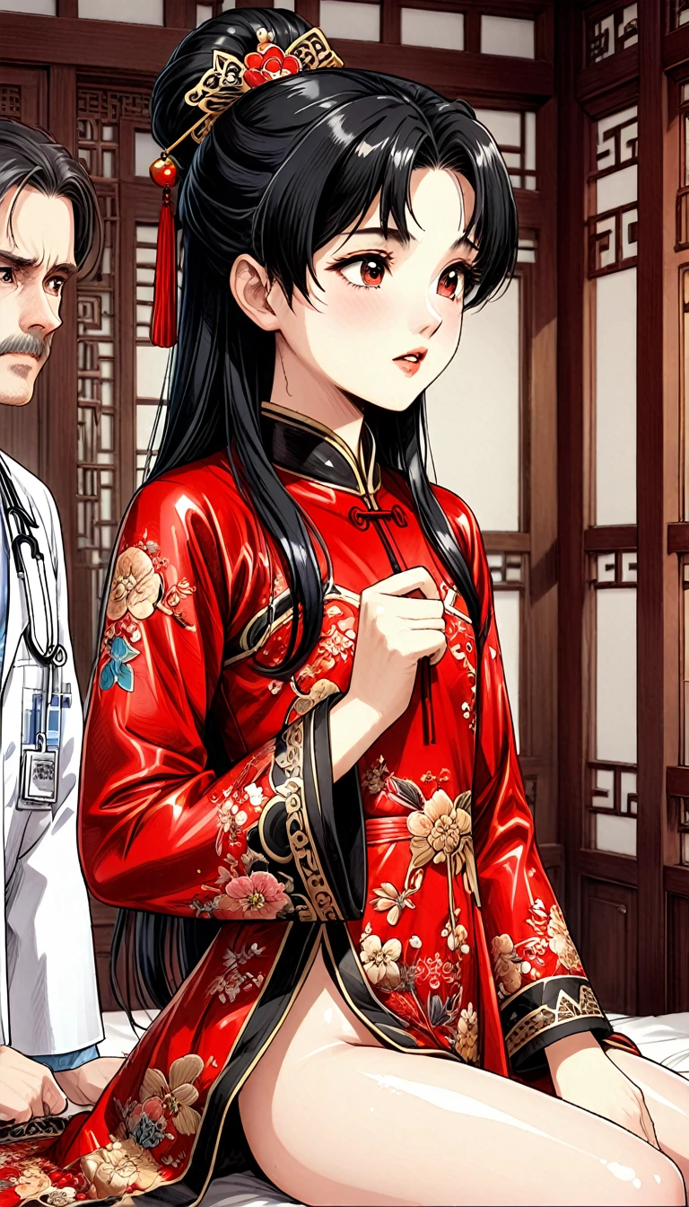 A tragic historical drama in 8k live-action style: Beautiful palace secrets　A beautiful 10-year-old Chinese Kung Fu princess with long black hair is being examined by a doctor　Gorgeous embroidery, Ultra glossy, She is wearing a shiny red top and bottom long sleeve floral pajama kung fu suit....　　She shows her pussy to the doctor