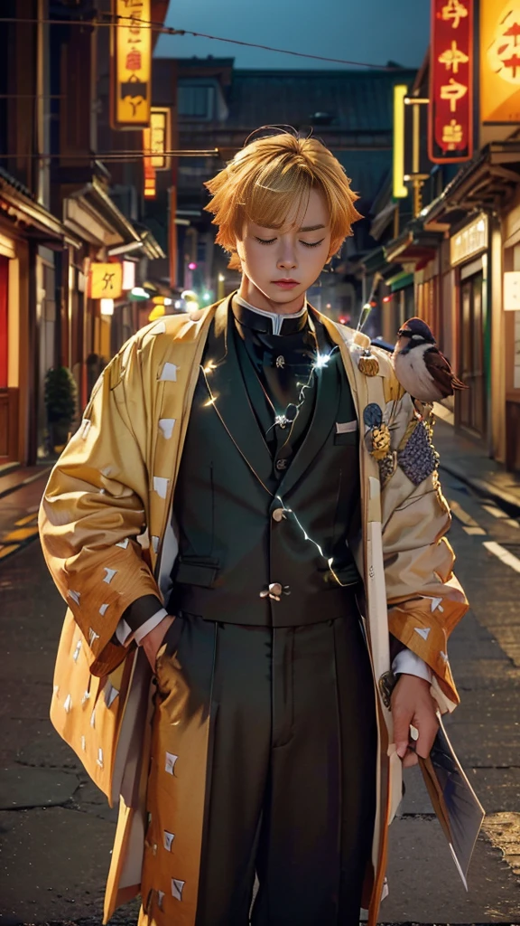 (((​master piece))),((Best Quality)),((((Town)))),Detailed,1boy,Solo,Resting, Yellow hair,Just a suit,Pants,Closed eyes,(((electricity))),katanas,holding swords,Bird, animal,animal on shoulder,hyperdetailed face