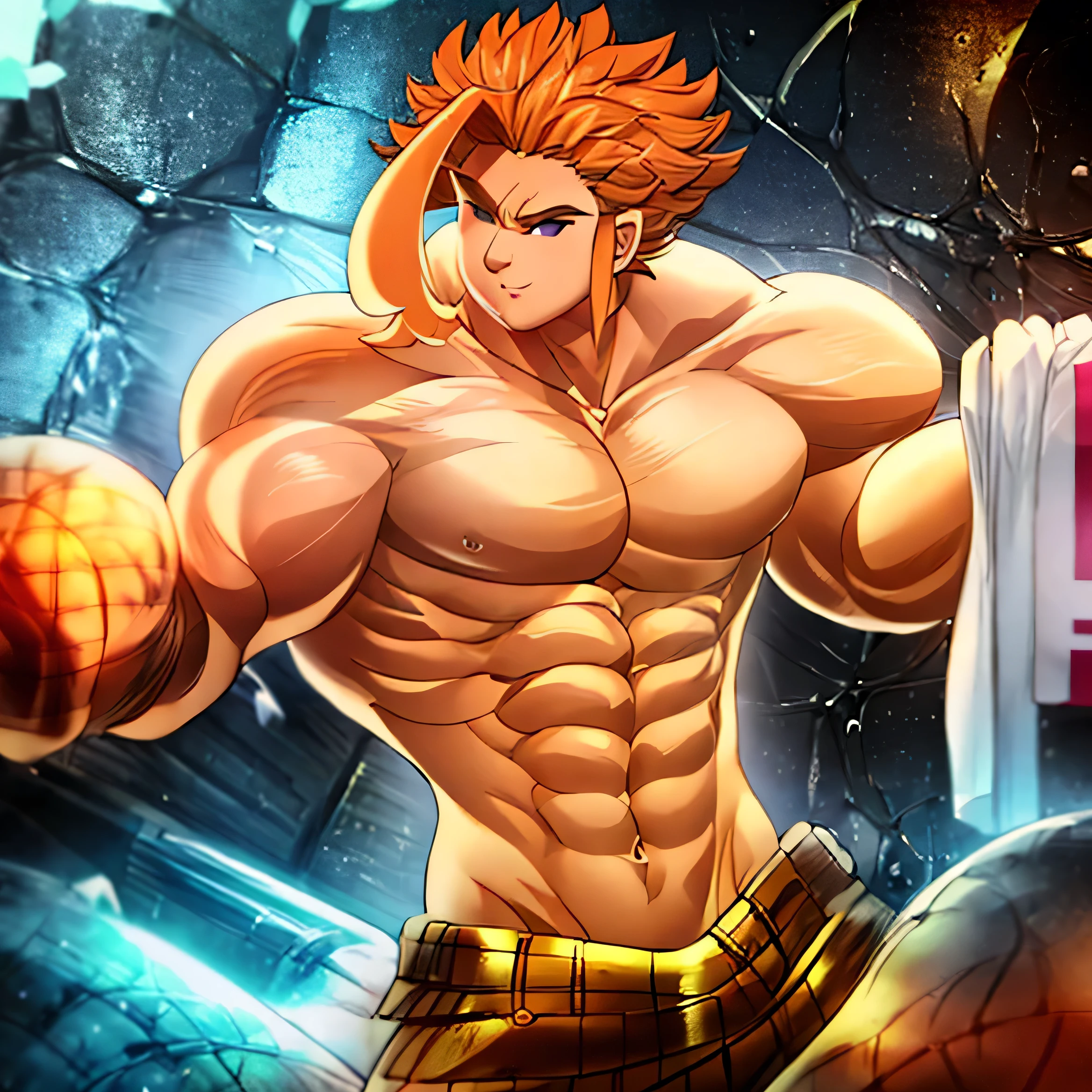 very muscular with well-proportioned face and chizzled jaw as well as six pack abs