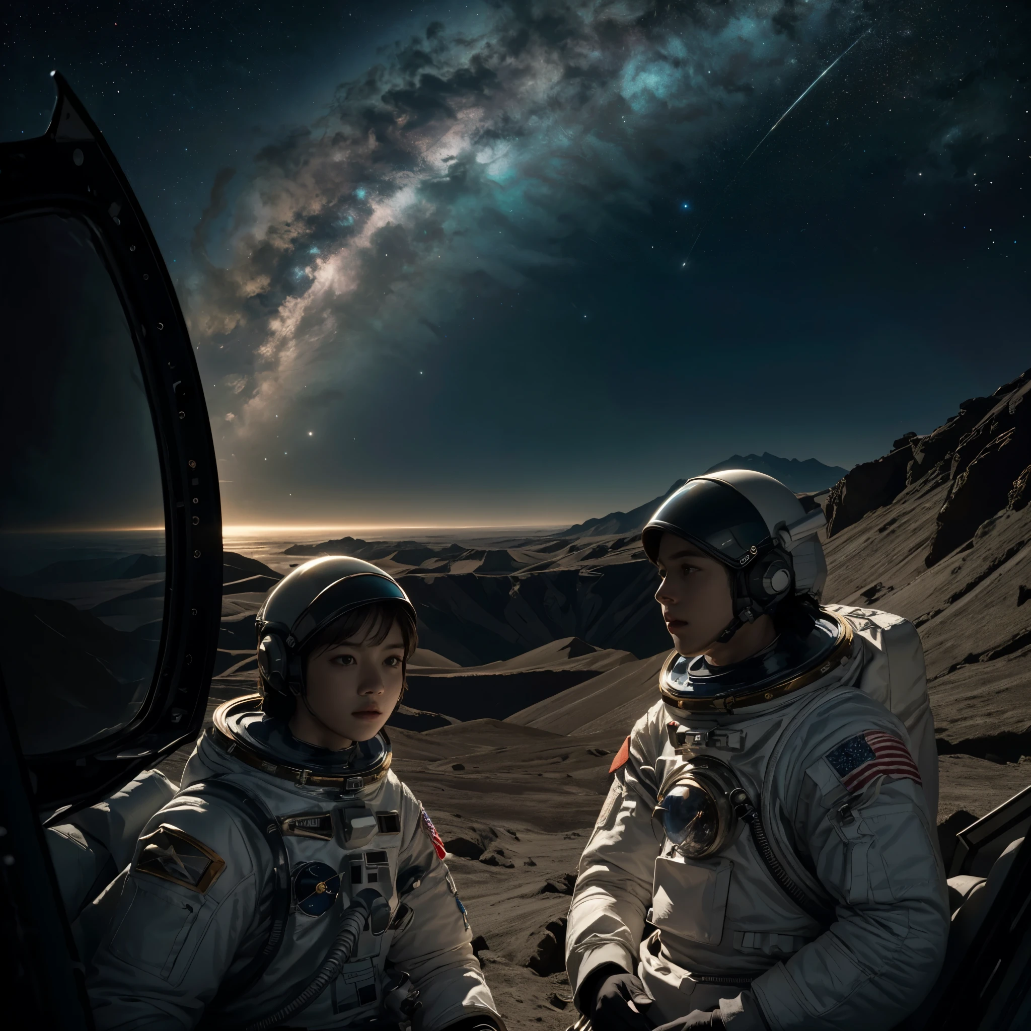 masterpiece,Highest quality,8K,High resolution,Finely detailed, Fantasy,dream-like,Photorealistic,Actual photo, Award-winning,Browsing Caution, dramatic,Dynamic configuration, Cool tones,mysterious,Anxious,nervous, Cinema lighting,Studio Lighting,Depth of written boundary, Physically Based Rendering, Thin Outline BREAK SF,Deep Universe,Interstellar, One astronaut,((Extravehicular operations)),The stars are reflected on the visor,((Space Colony)),