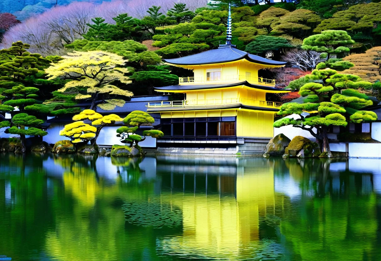 There is a yellow building in the middle of the lake., Japanese Templess, ancient Japanese architecture, Kyoto, Japanese Temples, Kyoto inspired, Kyoto japan setting, Inspired by Shosen-in Kano, inspired by Tōshi Yoshida, Inspired by Ito Jakuchu, Japanese architecture, Inspired by Sesshu Toyo, When snowfall