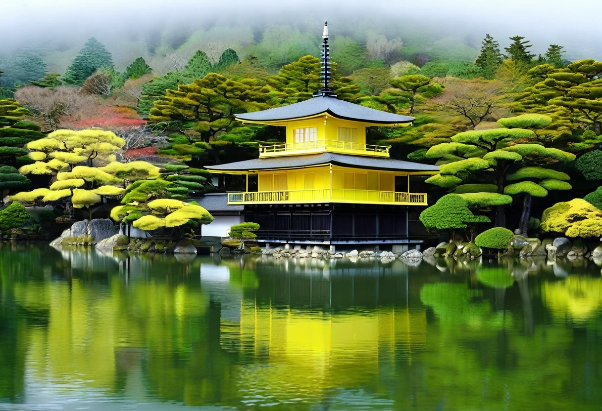 There is a yellow building in the middle of the lake., Japanese Templess, ancient Japanese architecture, Kyoto, Japanese Temples, Kyoto inspired, Kyoto japan setting, Inspired by Shosen-in Kano, inspired by Tōshi Yoshida, Inspired by Ito Jakuchu, Japanese architecture, Inspired by Sesshu Toyo, When snowfall