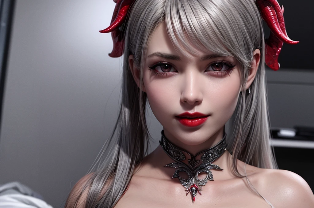 demon with high quality detail, demoness with beautiful model face, shimering lips, model face, black and grey color, half body pose, very high detail, 8K resolution, bright red lipstick, huge juggss