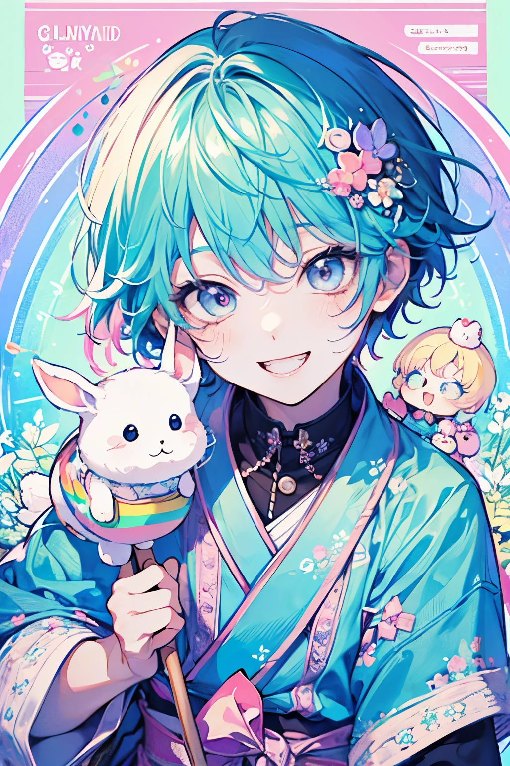 chibi character,Rabbit motif,(brush),((cute,kawaii,wonderland)),((pastel color)),((Cute assortment)),(A big smile),Shiny サーモンcolor hair,(Rainbow),((boy,Shota,juvenile:1.2)),((Cutesy:1.25)),Top view