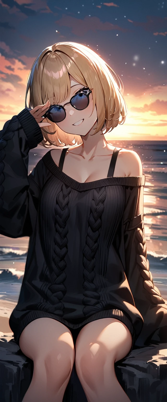 (((One girl))), looking back, sea, beach, evening, Sunset, Sitting on a cliff, (((shot from behind))), (((Bare legs))), ((aran sweater)), blond hair, open mouth, tongue out, ((sunglasses, hand to sunglasses)), (bob cut:1.3)), breasts, cleavage, (cowboy shot), standard body, (looking at viewer), oversized clothes, puffy long sleeves, collarbone, ((off-shoulder sweater dress:1.3, Quite thick shoulder straps)), (((sleeves past wrists:1.3))), ((black sweater)), teenager, head tilt:1.3, (((blue eye))), ((happy smile)), (((anime style))), (best quality, 4K, 8K, highres, masterpiece:1.2, ultra-detailed, ultra-detailed eyes, HDR, uhd, studio lighting, ultra-fine painting, sharp focus, physically-based rendering, extreme detail description, professional, vivid colors, bokeh), ((Highest quality, Best image quality, Ultra-high resolution, Ultra-high resolution, solo, Strong eye highlights)), Depth of written boundary, Natural soft light, attractive, Beautiful Face, Cleanliness, Pure Face, medium chest, Beautiful Face, Perfect Fingers, Perfect hands, Perfect body, Perfect Face, Shine a light into your eyes, Perfect Anatomy