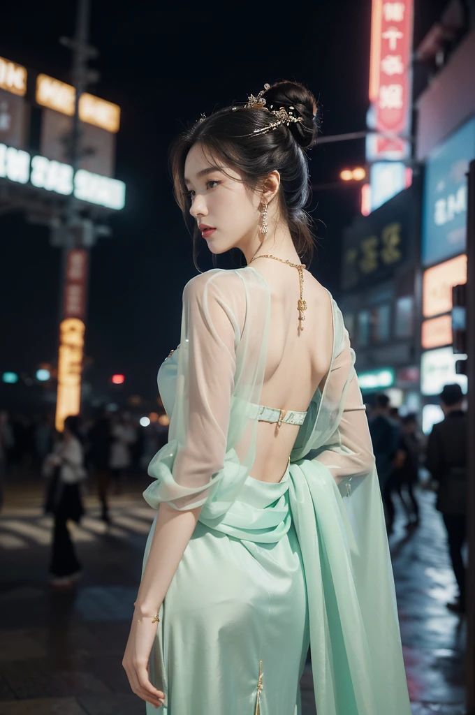 (((best quality))),(((ultra detailed))),(((masterpiece))),illustration,((1 beautiful girl,solo)),(neat chignon:1.2),((earrings,crystal necklace)),((slim,thin)),((bare back,towering hips,butt crack)),(stockings:1.3),(a moon in the clear night sky as the background:1.3), gentle glow,(Standing in the world full of vibrant flowers:1.3),(gorgeous sheer hanfu:1.3),sparkling eyes,graceful,(surrounded by crowded colorful flowers:1.5), kaleidoscope, shimmer,bright moonlight, delicate petals, fragrance, otherworldly, magical realm, enchantment, tranquility, essence of beauty, peace,(outdoor:1.),(night scene:1.3),((from back,upper body))