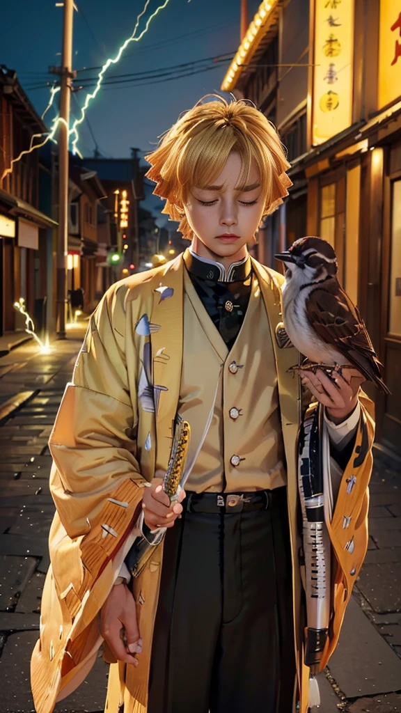 (((​master piece))),((Best Quality)),((((Town)))),Detailed,1boy,Solo,Resting, Yellow hair,Just a suit,Pants,Closed eyes,(((electricity))),katanas,holding swords,Bird, animal,animal on shoulder,hyperdetailed face,占い師