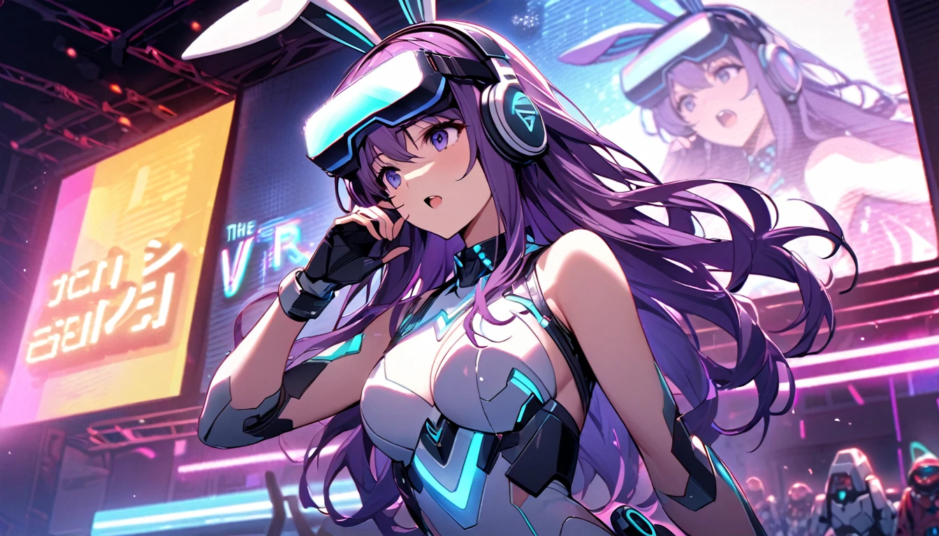 Beautiful girl, single, long hair, purple hair, glowing wires Wearing a half-cap, headphones, bunny ears, a neon-toned sci-fi robot leotard, in the background there is a robot with neon lights. The background image is a large robot, clearly visible. ,on stage, singing, wearing VR glasses