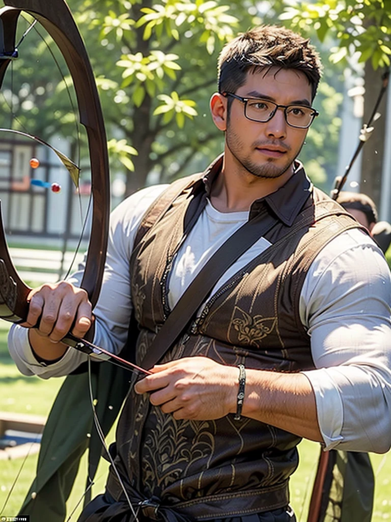 crew cut, mature man, [slightly fat], asian man, brown eyes, rounded face, glasses, slightly balding, (big shoulders), (((stubbles, Short beard))), (((full beard))), (Beautiful eyes:1.3), (Detailed face:1.3),(A male archer at a shooting range aiming a bow and arrow at a target in the distance:1.5), archer pose,(anatomically correct:1.1), side view, (Masterpiece:1.3), (The best quality:1.3, (high detail:1.3), (super detailed:1.3)