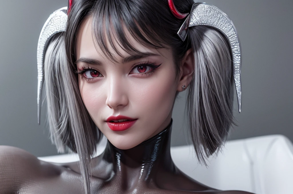 demon with high quality detail, demoness with beautiful model face, shimering lips, model face, black and grey color, half body pose, very high detail, 8K resolution, bright red lipstick, huge juggs, no horn