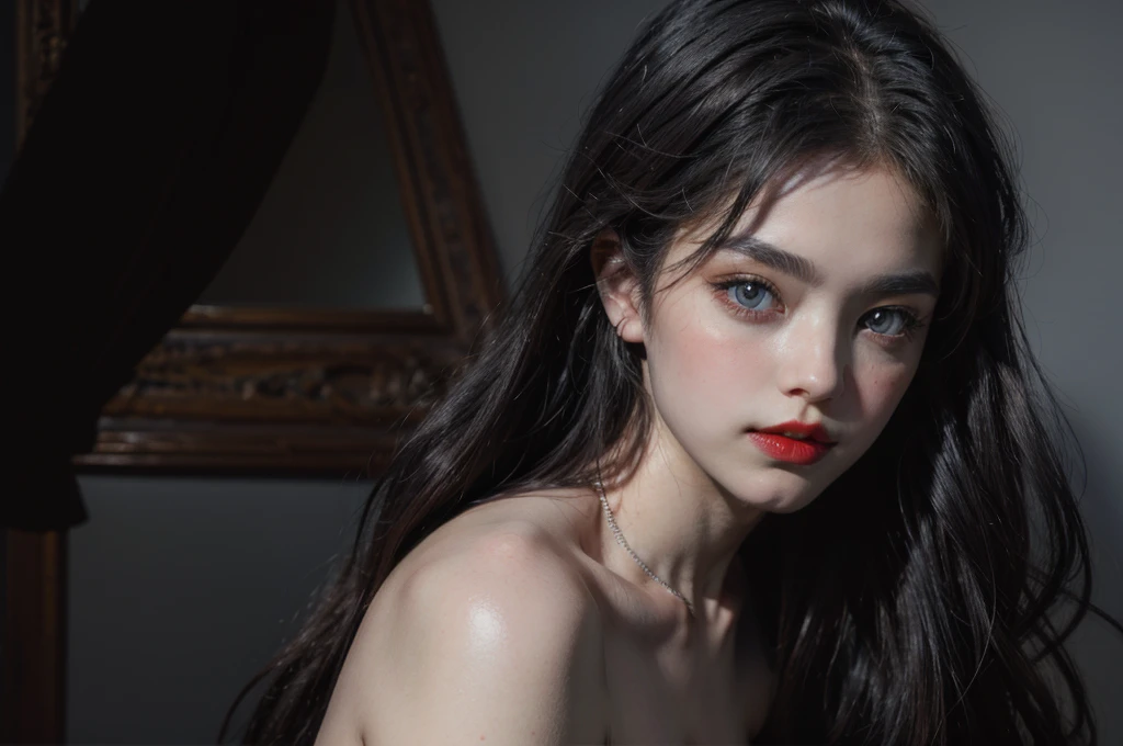 young woman,pale skin,Curly hair and dark color, big eyes with black pupils, dressed as the Virgin Mary. , with a thin but elongated nose. with the mouth of a demon with several fangs in his mouth. for a tattoo