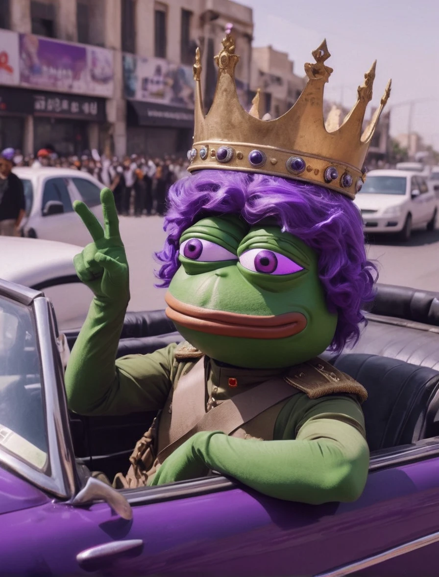 (web comic:0.8), pepe in a car in a militaristic leader outfit, have purple skin, wearing a crown and waving with a serious expression, people cheering, modern day city, middle east, cinematic, 