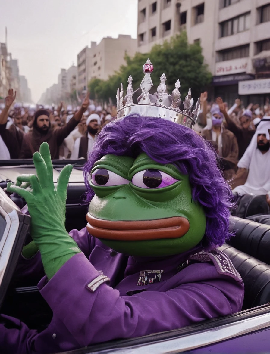 (web comic:0.8), pepe in a car in a militaristic leader outfit, have purple skin, wearing a crown and waving with a serious expression, people cheering, modern day city, middle east, cinematic, 