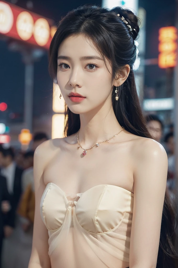 (((best quality))),(((ultra detailed))),(((masterpiece))),illustration,1girl,bun hair,(strapless see through gauze Korean bra:1.3),collar,slim,flat chest,laughing, summer night,Korean city scape, street, neon signs, beautiful, vibrant, detailed facial features,medium hair, elegance, cultural atmosphere, bustling city,tall buildings full of colorful advertisements, reflections, lively atmosphere, street food aroma,(close-up of face:1.3)