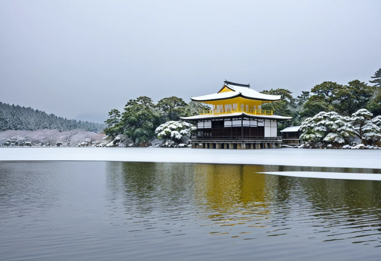 There is a yellow building in the middle of the lake., Japanese Templess, ancient Japanese architecture, Kyoto, Japanese Temples, Kyoto inspired, Kyoto japan setting, Inspired by Shosen-in Kano, inspired by Tōshi Yoshida, Inspired by Ito Jakuchu, Japanese architecture, Inspired by Sesshu Toyo, When snowfall