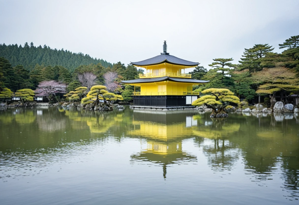 There is a yellow building in the middle of the lake., Japanese Templess, ancient Japanese architecture, Kyoto, Japanese Temples, Kyoto inspired, Kyoto japan setting, Inspired by Shosen-in Kano, inspired by Tōshi Yoshida, Inspired by Ito Jakuchu, Japanese architecture, Inspired by Sesshu Toyo, When snowfall