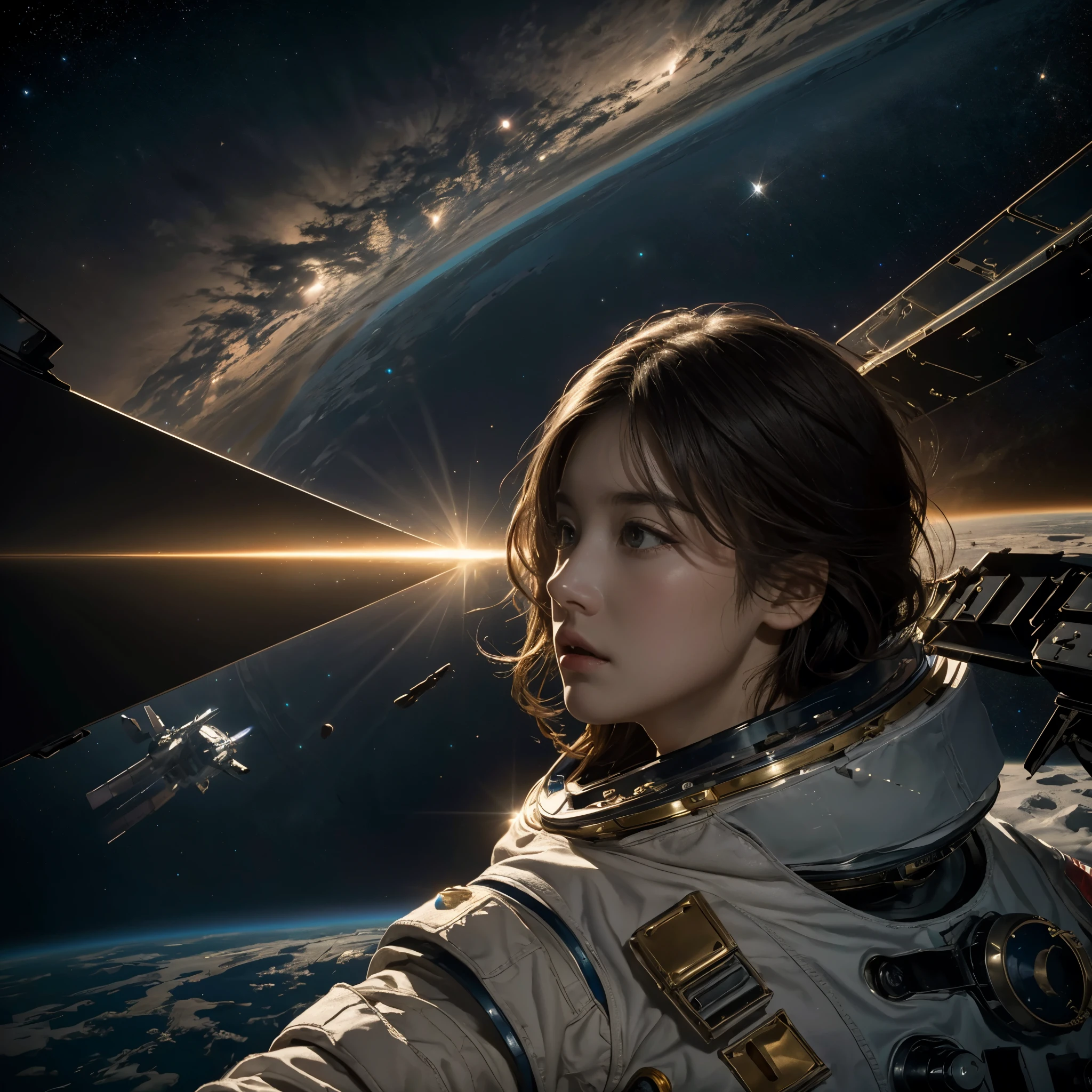 masterpiece,Highest quality,8K,High resolution,Finely detailed, Fantasy,dream-like,Photorealistic,Actual photo, Award-winning,Browsing Caution, dramatic,Dynamic configuration, Cool tones,mysterious,Anxious,nervous, Cinema lighting,Studio Lighting,Depth of written boundary, Physically Based Rendering, Thin Outline BREAK SF,Deep Universe,Interstellar, One astronaut,((Extravehicular operations)),The stars are reflected on the visor,((Space Colony)),