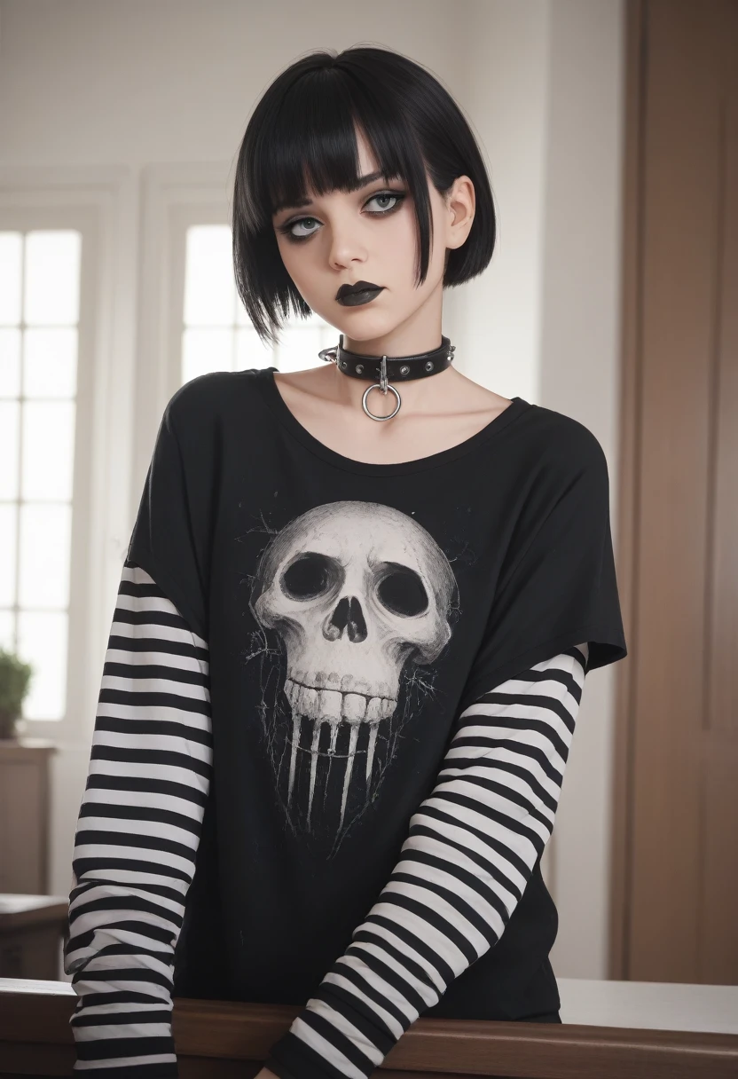 goth girl, goth make up, bob hair cut, skinny, black shirt, bare shoulders, striped sleeves, 3d