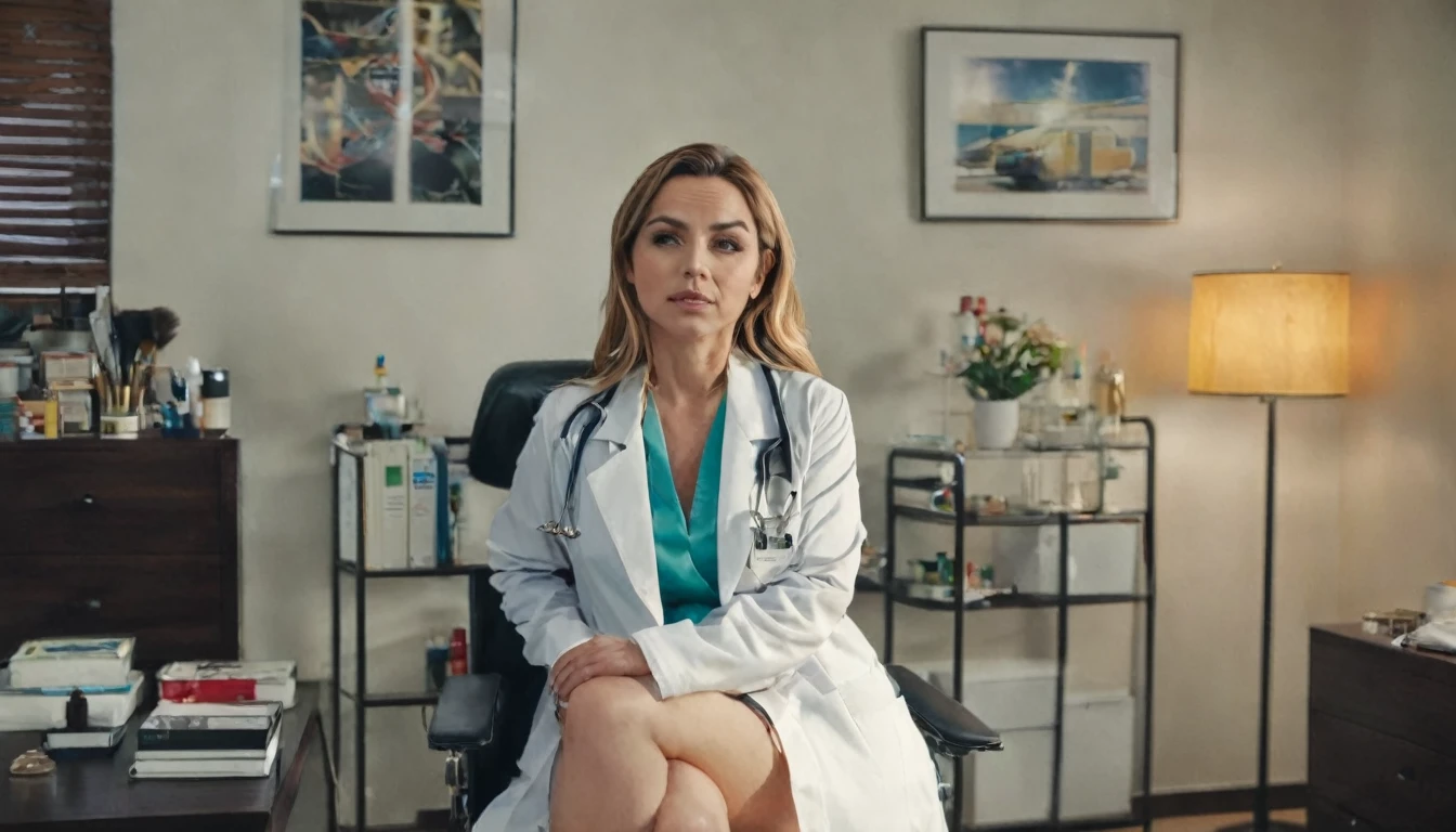 A female doctor,  holding a injection 💉, sexy , sexy cleavage. Sitting on the chair in her room