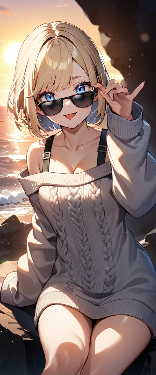 (((One girl))), ((beach)), noon, blond hair, bob cut, breasts, from front, (cowboy shot), standard body, (looking at viewer), ((off-shoulder {black} knit sweater, Quite thick shoulder straps, sleeves past wrists)), juliet_sleeves, teenager, head tilt:1.3, (((blue eye))), ((happy smile)), anime style, (best quality, 4k, 8k, highres, masterpiece:1.2, ultra-detailed, ultra-detailed eyes, HDR, UHD, studio lighting, ultra-fine painting, sharp focus, physically-based rendering, extreme detail description, professional, vivid colors, bokeh), ((Highest quality, Best image quality, Ultra-high resolution, Ultra-high resolution, solo, Strong eye highlights)), Depth of written boundary, Natural soft light, attractive, Beautiful Face, Cleanliness, Pure Face, nedium chest, Beautiful Face, Perfect Fingers, Perfect hands, Perfect body, Perfect Face, Shine a light into your eyes, Perfect Anatomy