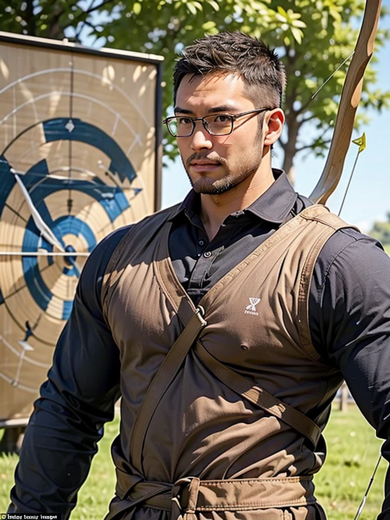 crew cut, mature man, [slightly fat], asian man, brown eyes, rounded face, glasses, slightly balding, (big shoulders), (((stubbles, Short beard))), (((full beard))), (Beautiful eyes:1.3), (Detailed face:1.3),(A male archer at a shooting range aiming a bow and arrow at a target in the distance:1.5), archer pose,(anatomically correct:1.1), side view, (Masterpiece:1.3), (The best quality:1.3, (high detail:1.3), (super detailed:1.3), (((mature))),