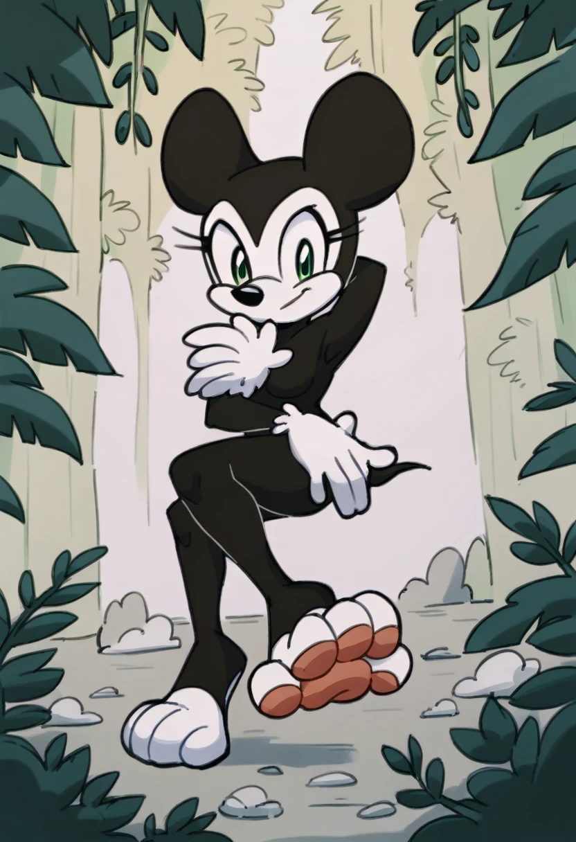 Mickey Mouse, female, green eyes, solo, naked, black fur, in forest, footpaws