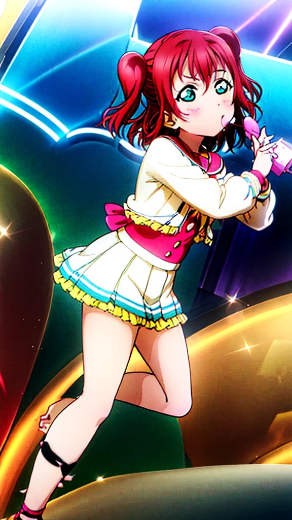 ((ultra high definition,high quality)),(((love live!,love live! sunshine!!,kurosawa ruby,green eyes,red hair,two side up,flat chest))),((fellatio,large penis)),((nsfw)),((Nude)),(3D tone:1.0),blush,bottom less,((glistening skin:1.3)),hostel,1boy