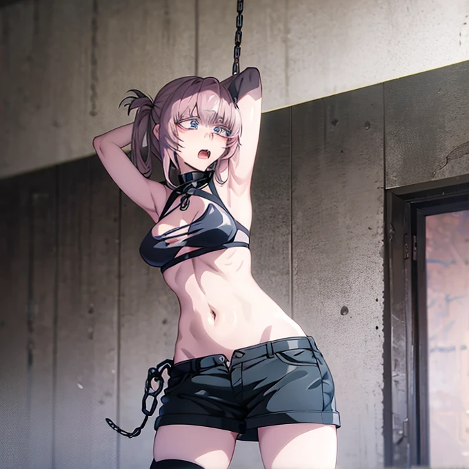 best quality, (masterpiece:1.2), highly detailed,dungeon,
1girl, solo,
nanakusa nazusa,
standing, looking at the viewer, open mouth, angry face, fang,
blue eyes, pink hair, hair rings,
sleeveless turtleneck, cleavage cutout, navel, black shorts, black thighhighs, big breasts, thick thighs, tied_wrists, arms up, collar, shackles, chains