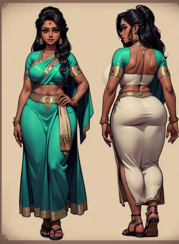 digital art, highly detailed, reference sheet, standing pose, south indian feminine characteristics, dark skin, curvy, voluptuous, mature woman, adult female, whole body, form-fitting, sari dress, maxi skirt, sandals, 1woman, solo, upper body, lower body, ((Extremely Detailed)), ((Best Quality)), ((Masterpiece)), ((4k)).
